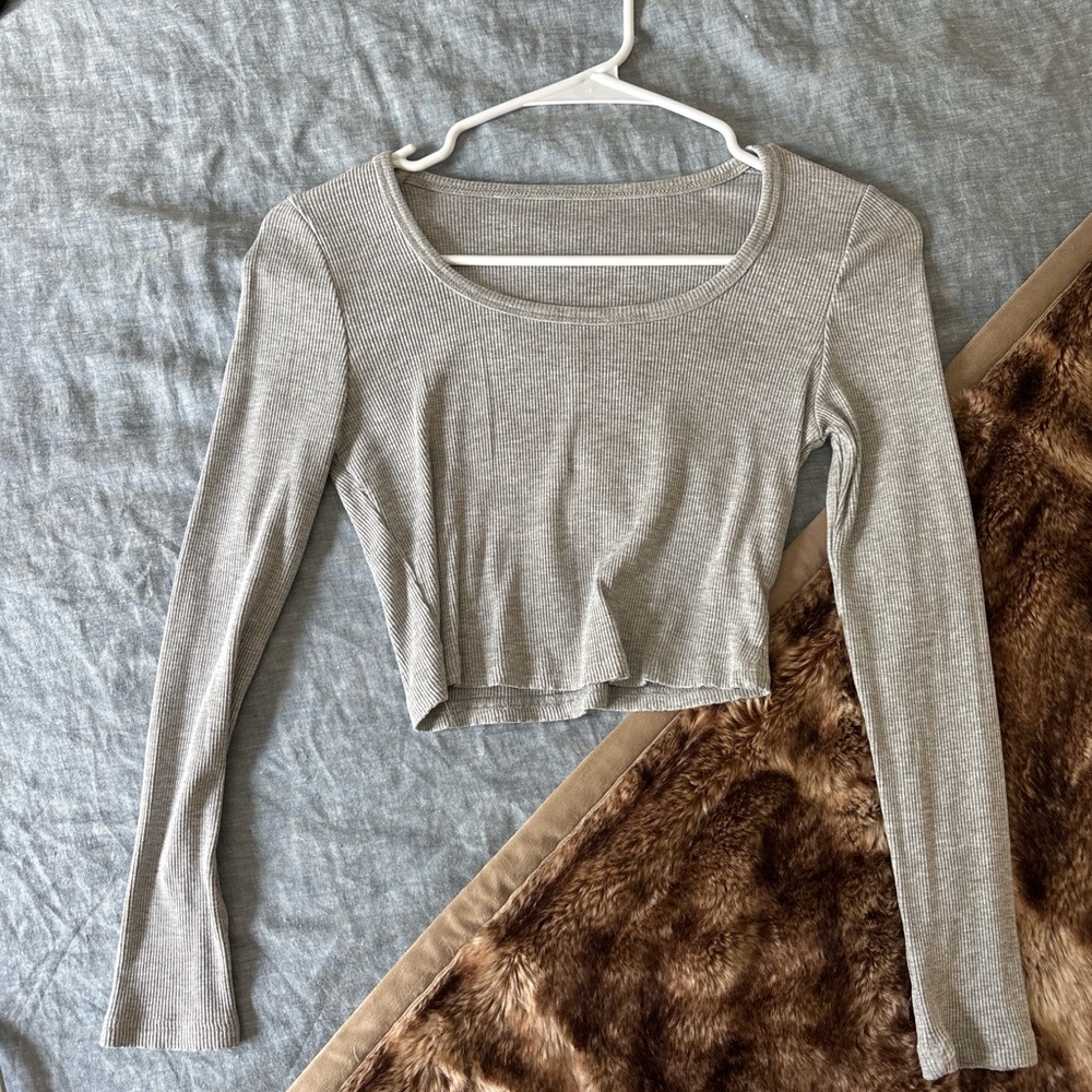 Skims Gray Ribbed Long Sleeve Crop Top